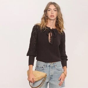 Revolve Heartloom Andi Sweater Size Small Pointelle Knit Lace Trim Black